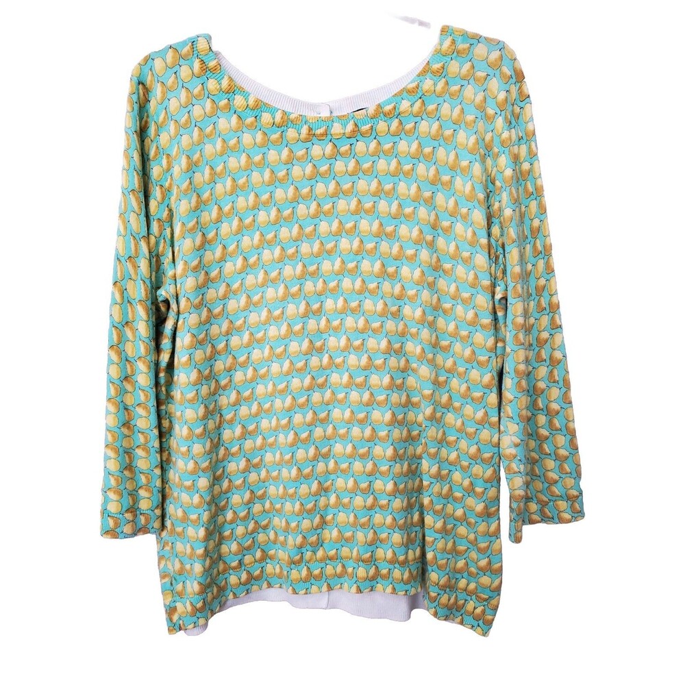Talbots Pear Novelty Print Button-Back 3/4 Sleeve Boat Neck Sweater Size XL